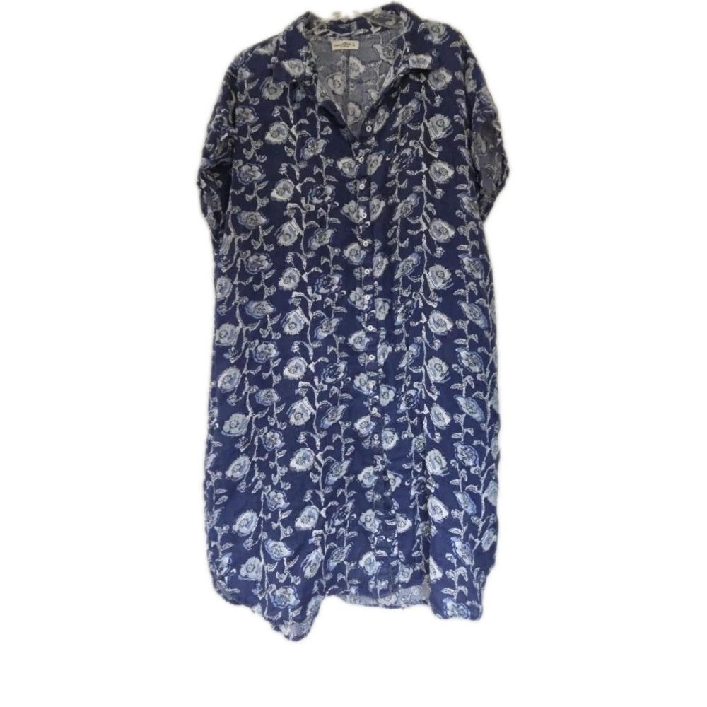 Natural Life Floral Cotton Button Front Shirt Dress Blue Boho Midi L